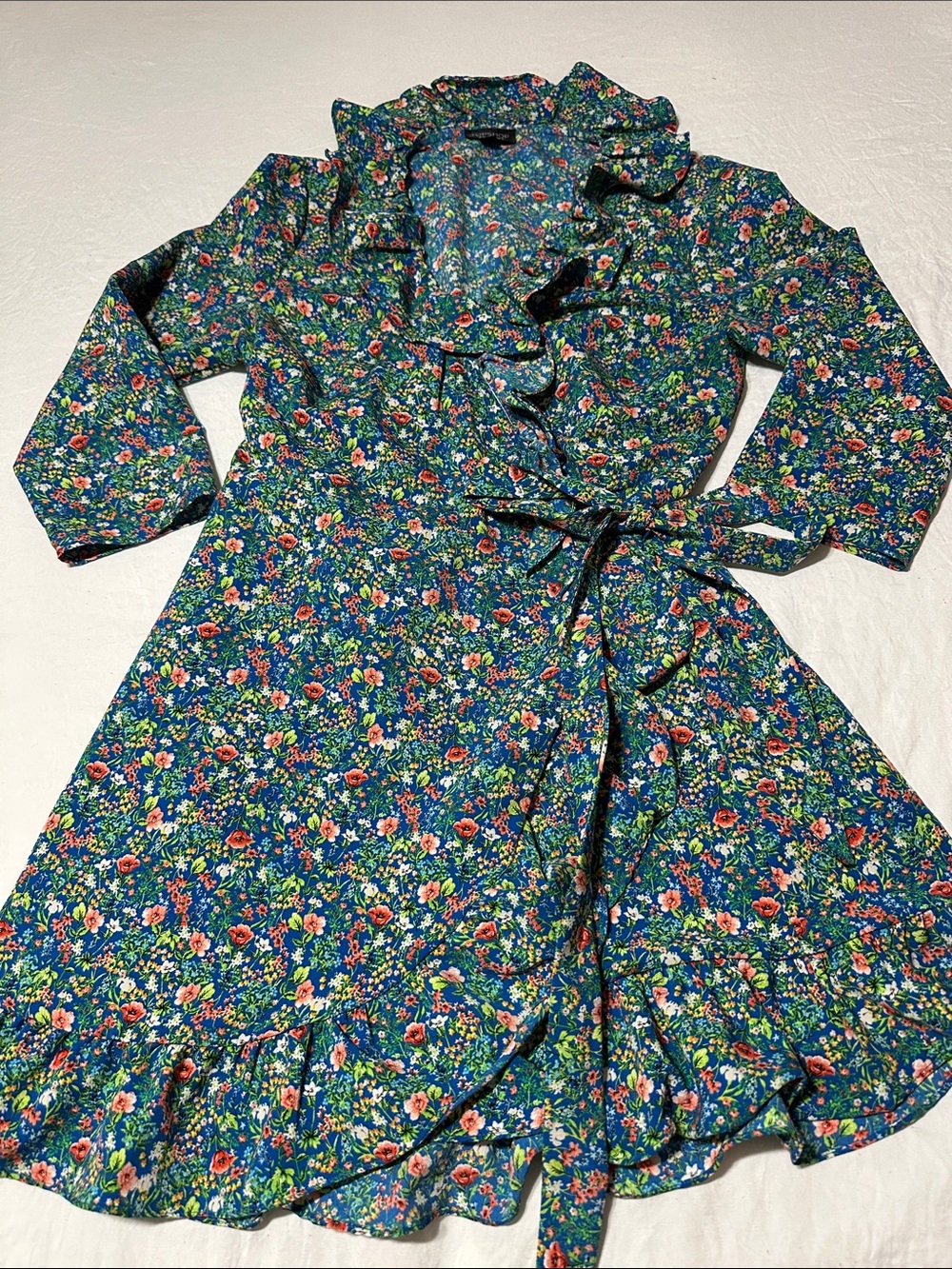 Women’s Topshop Floral Mini Dress in Blue and Green with Pink Accents